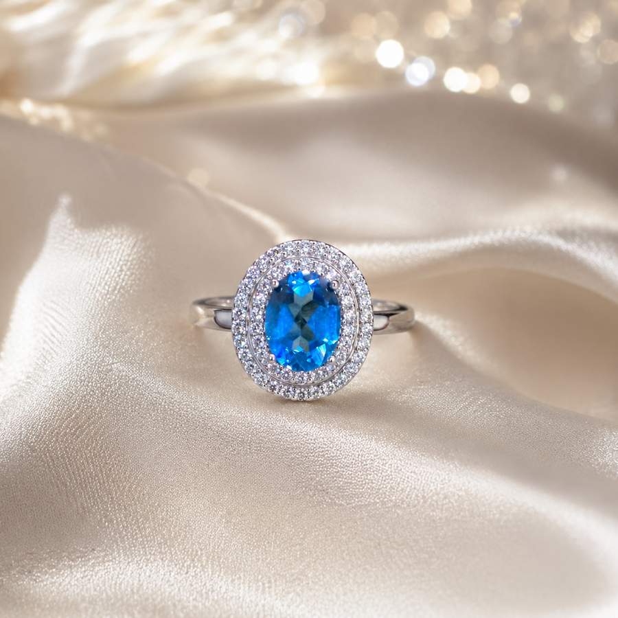 Natural Blue Topaz Double Halo Ring in 925 Sterling Silver, 6×8mm Oval Gemstone