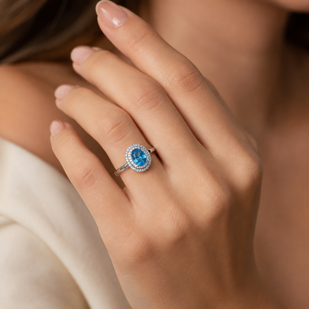 Natural Blue Topaz Double Halo Ring in 925 Sterling Silver, 6×8mm Oval Gemstone