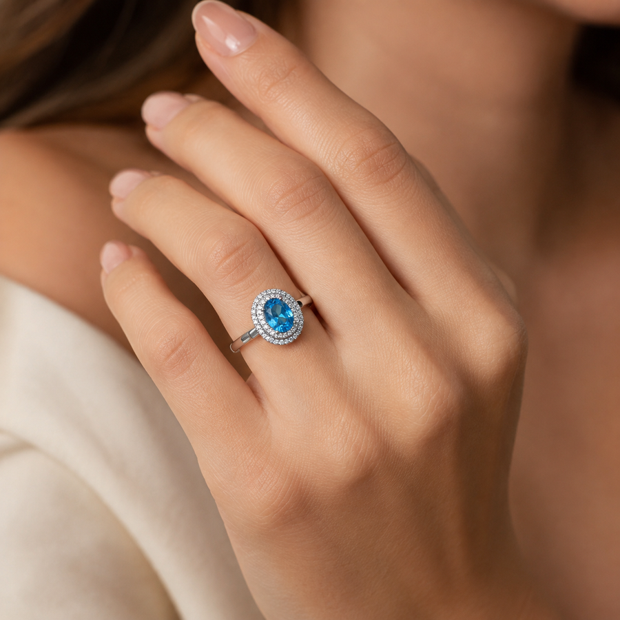 Natural Blue Topaz Double Halo Ring in 925 Sterling Silver, 6×8mm Oval Gemstone