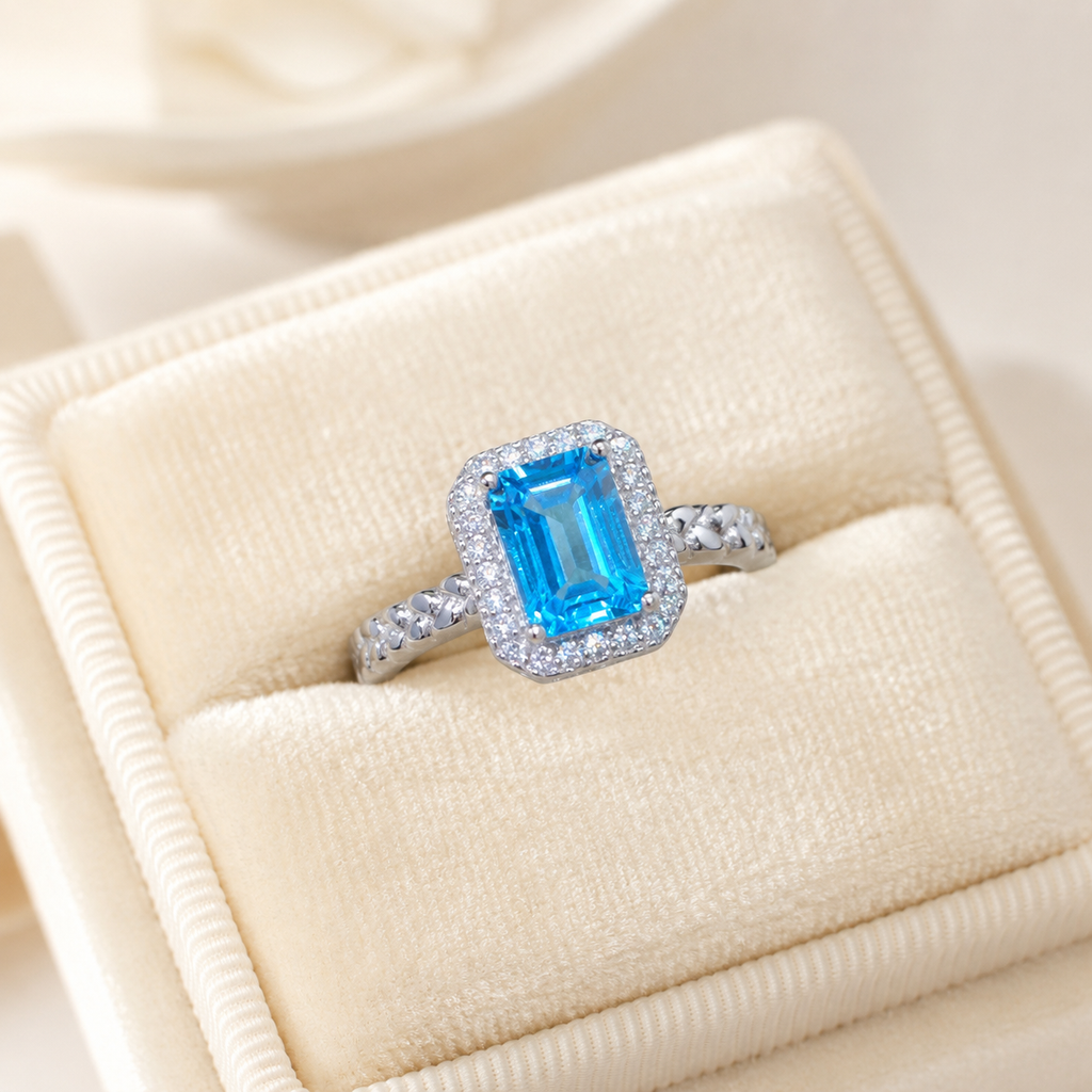 Natural Swiss Blue Topaz Halo Ring in 925 Sterling Silver, 5×7mm Gemstone