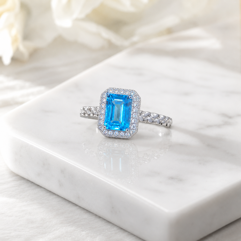 Natural Swiss Blue Topaz Halo Ring in 925 Sterling Silver, 5×7mm Gemstone
