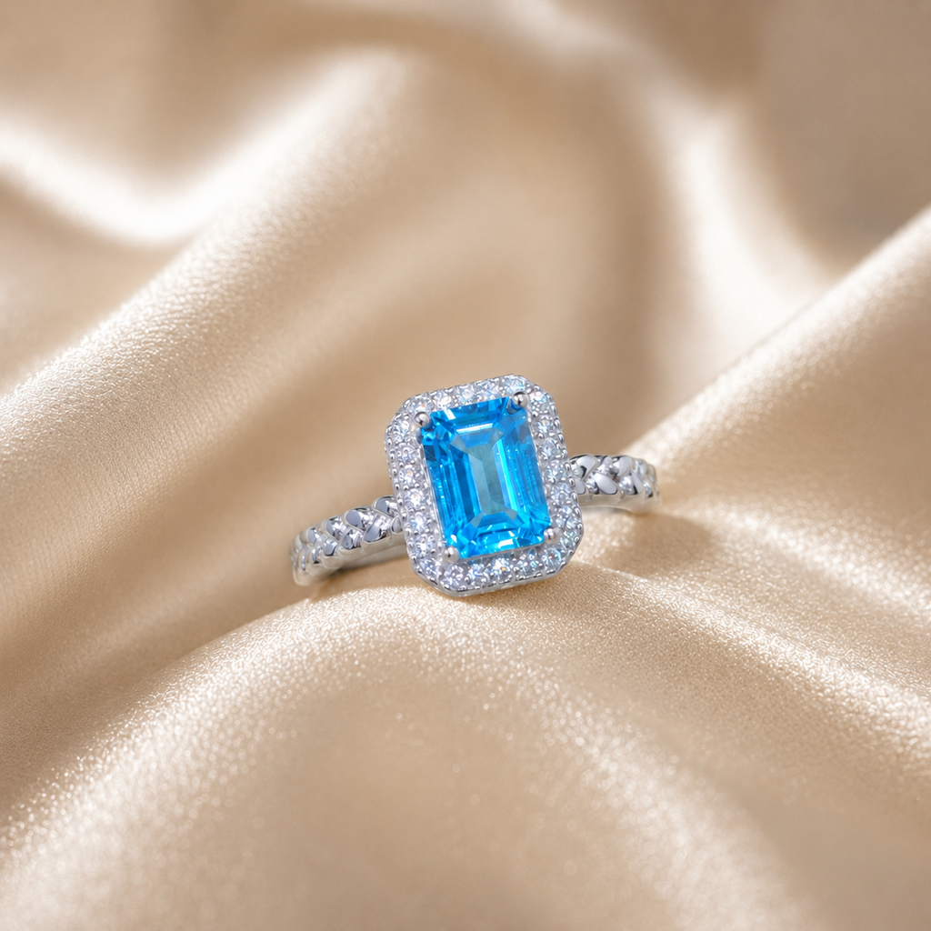 Natural Swiss Blue Topaz Halo Ring in 925 Sterling Silver, 5×7mm Gemstone