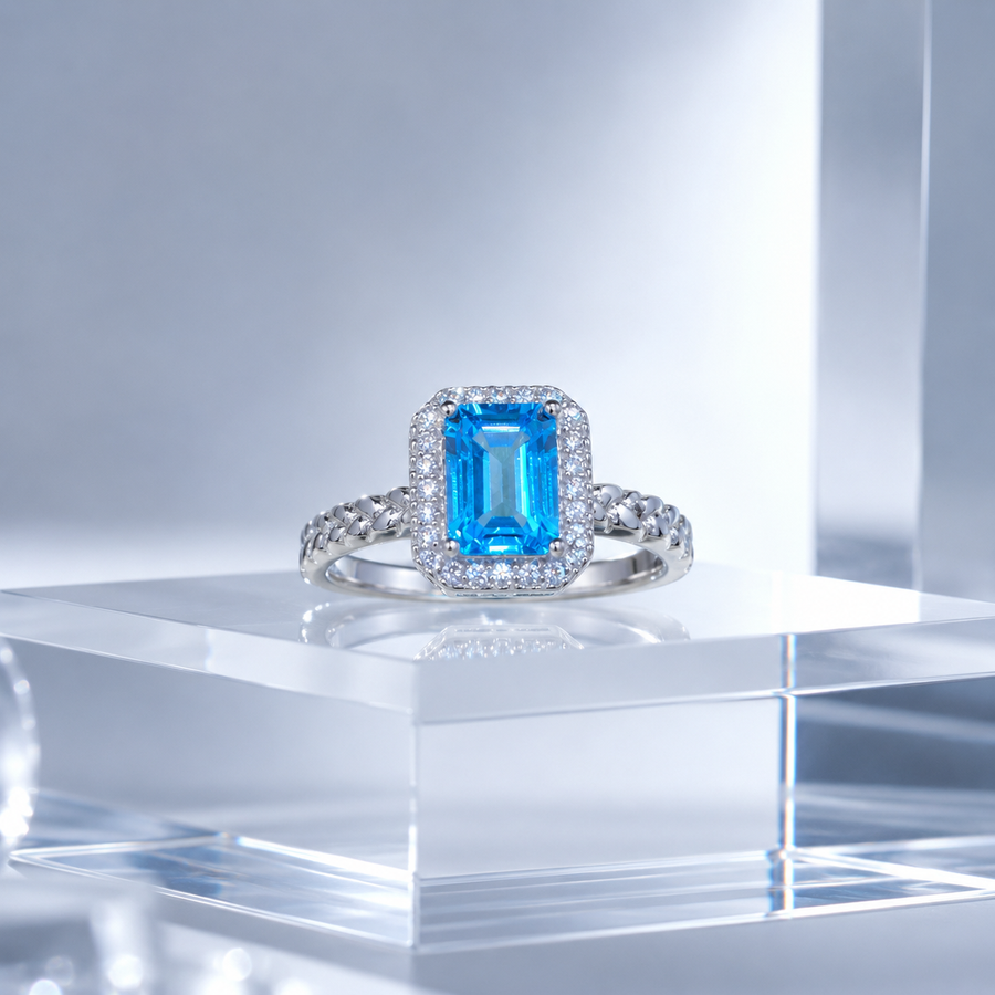 Natural Swiss Blue Topaz Halo Ring in 925 Sterling Silver, 5×7mm Gemstone