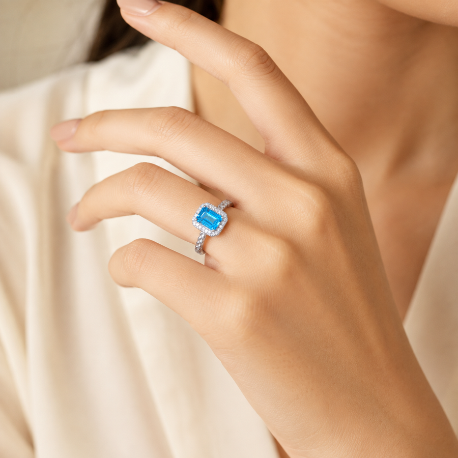 Natural Swiss Blue Topaz Halo Ring in 925 Sterling Silver, 5×7mm Gemstone
