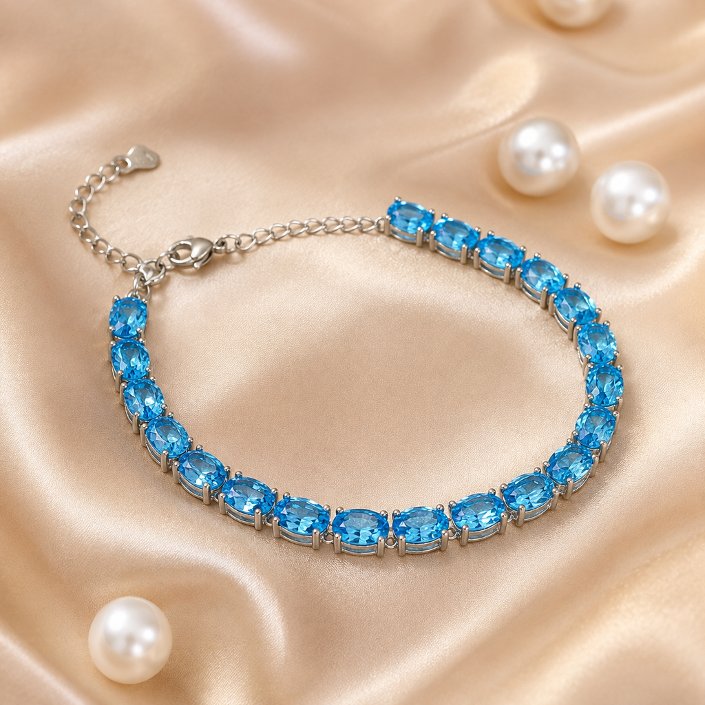 Natural Blue Topaz Oval Link Bracelet in 925 Sterling Silver, 5×7mm Gemstones