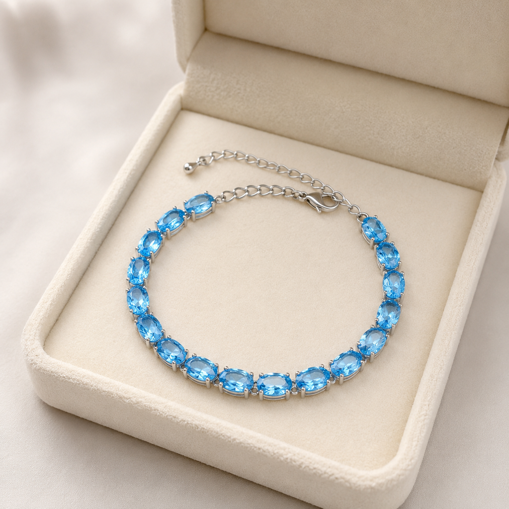 Natural Blue Topaz Oval Link Bracelet in 925 Sterling Silver, 5×7mm Gemstones