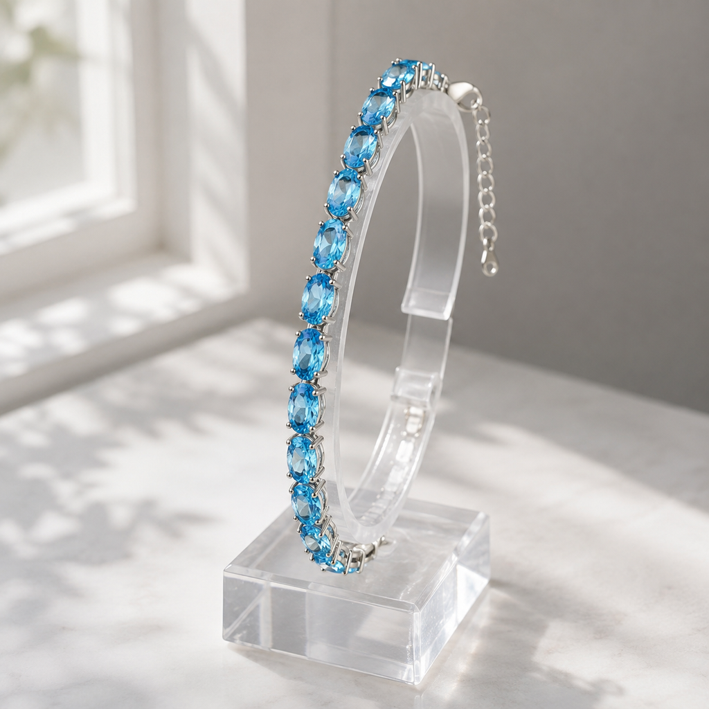 Natural Blue Topaz Oval Link Bracelet in 925 Sterling Silver, 5×7mm Gemstones
