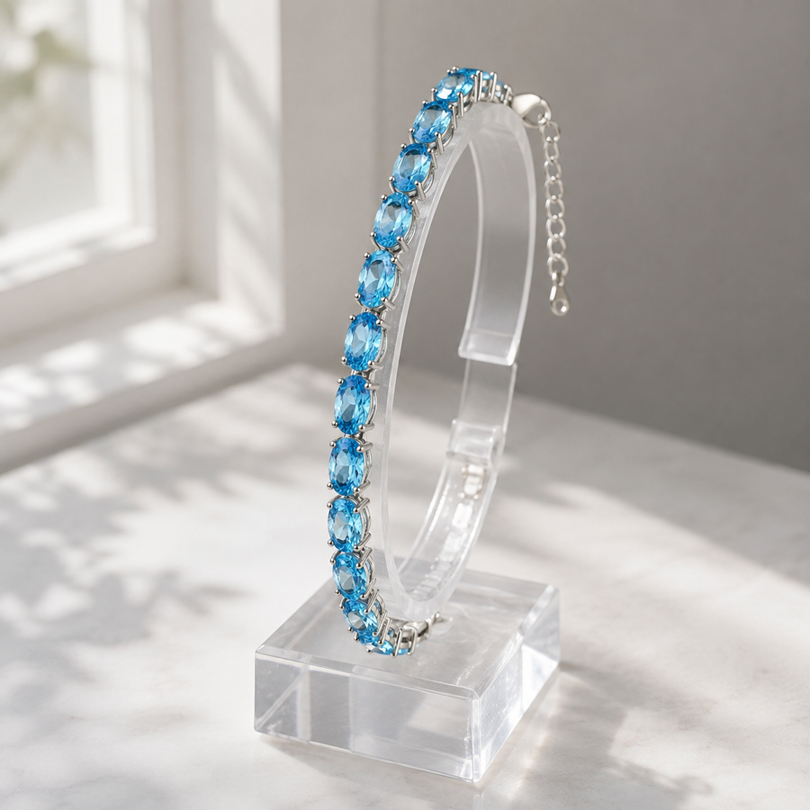 Natural Blue Topaz Oval Link Bracelet in 925 Sterling Silver, 5×7mm Gemstones
