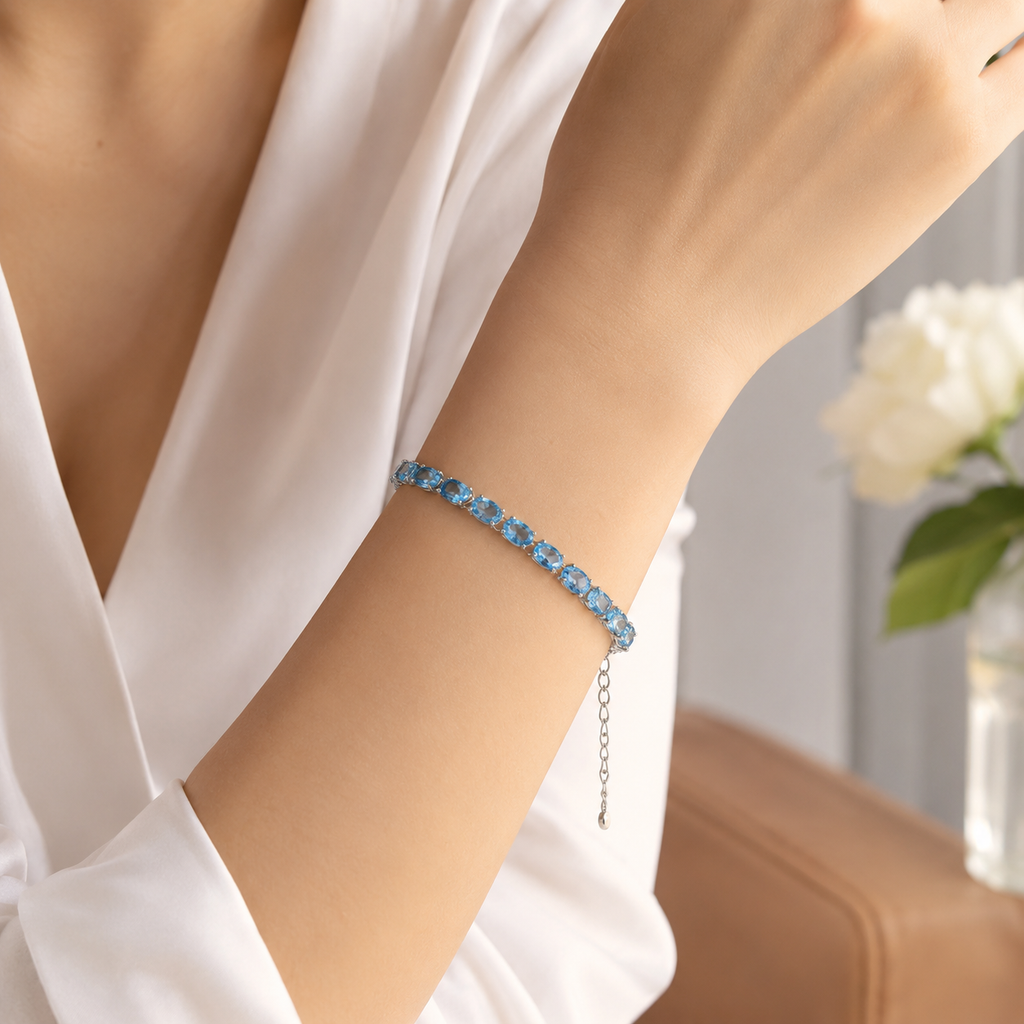 Natural Blue Topaz Oval Link Bracelet in 925 Sterling Silver, 5×7mm Gemstones