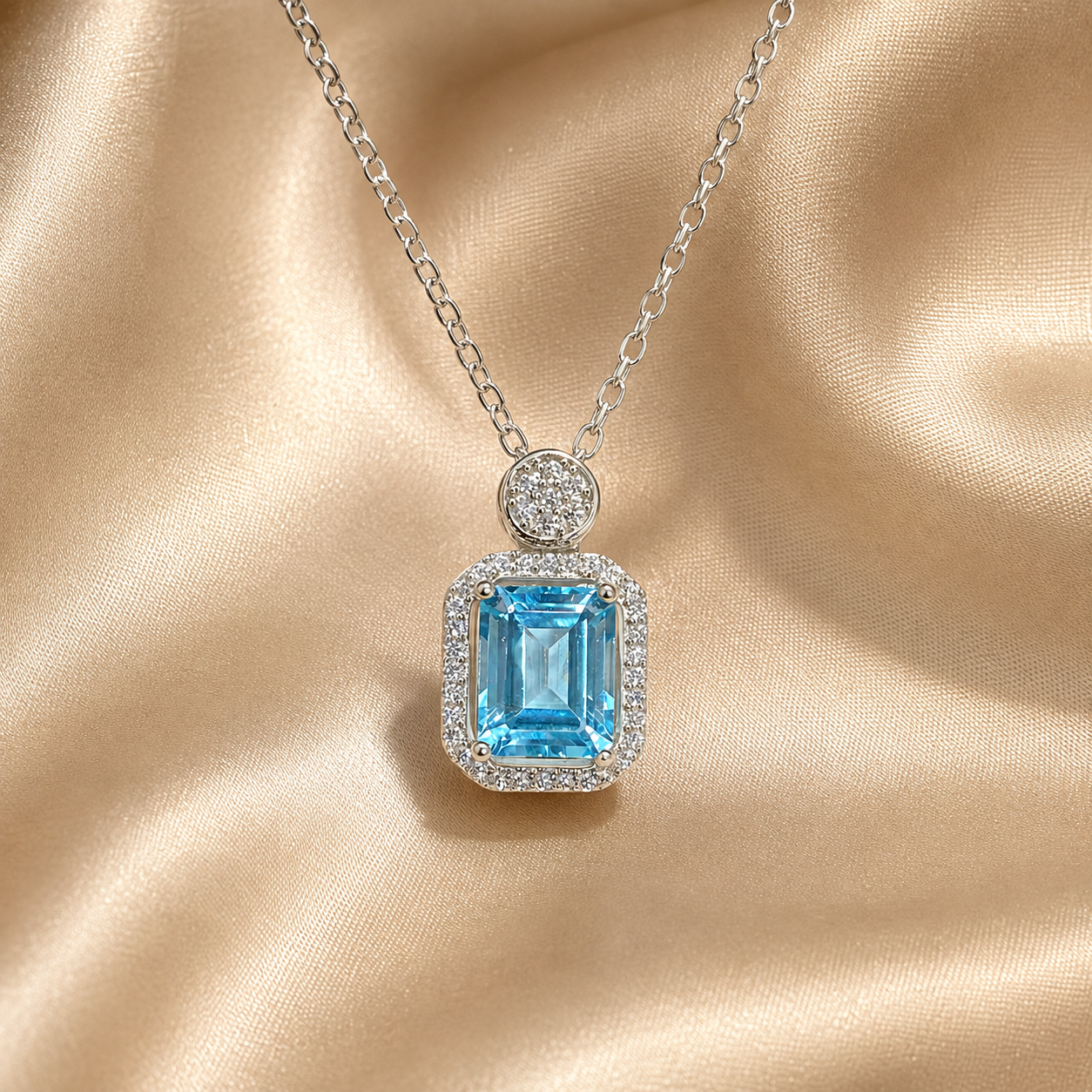 Natural Blue Topaz Halo Necklace in 925 Sterling Silver, 7×9mm Emerald-Cut Gemstone