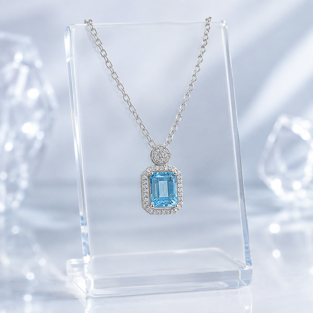 Natural Blue Topaz Halo Necklace in 925 Sterling Silver, 7×9mm Emerald-Cut Gemstone