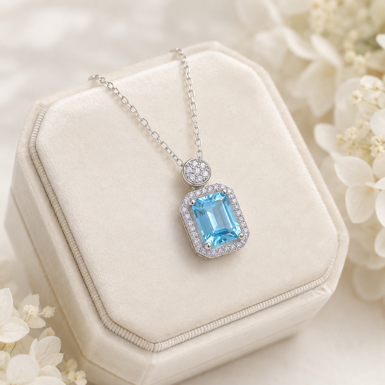 Natural Blue Topaz Halo Necklace in 925 Sterling Silver, 7×9mm Emerald-Cut Gemstone