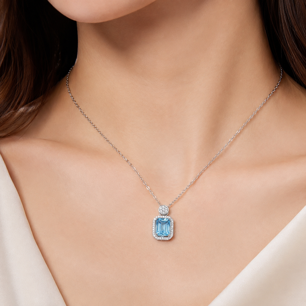 Natural Blue Topaz Halo Necklace in 925 Sterling Silver, 7×9mm Emerald-Cut Gemstone