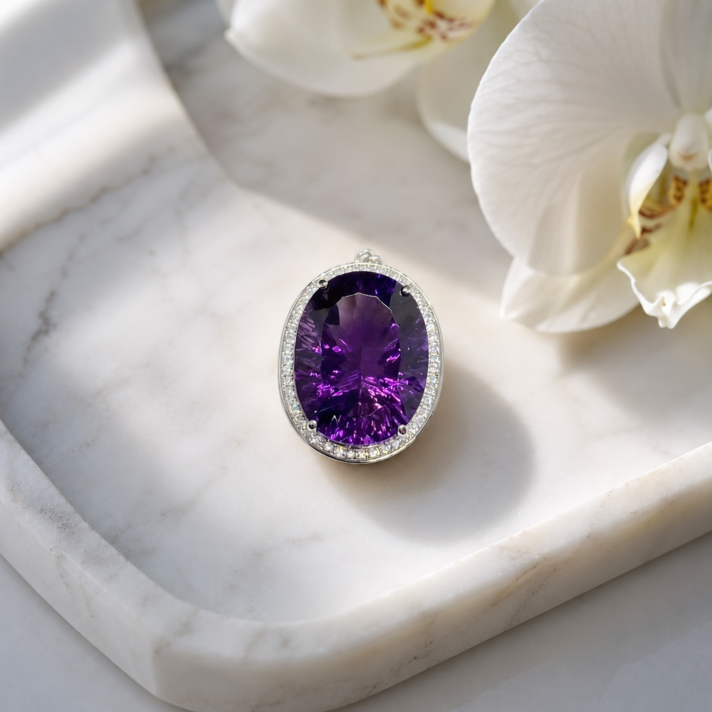 Natural Amethyst Statement Pendant in 925 Sterling Silver, 15×20mm Oval Gemstone