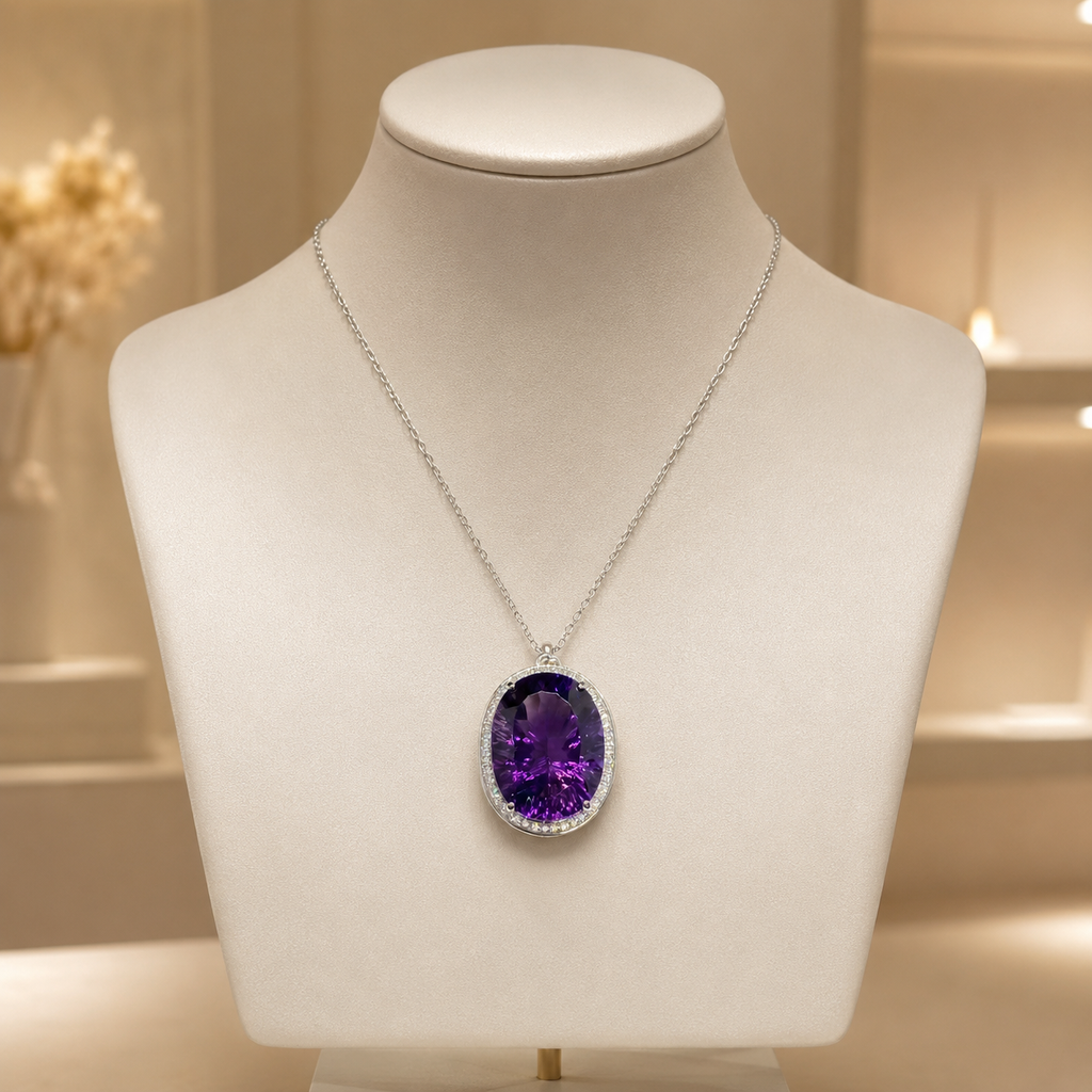 Natural Amethyst Statement Pendant in 925 Sterling Silver, 15×20mm Oval Gemstone