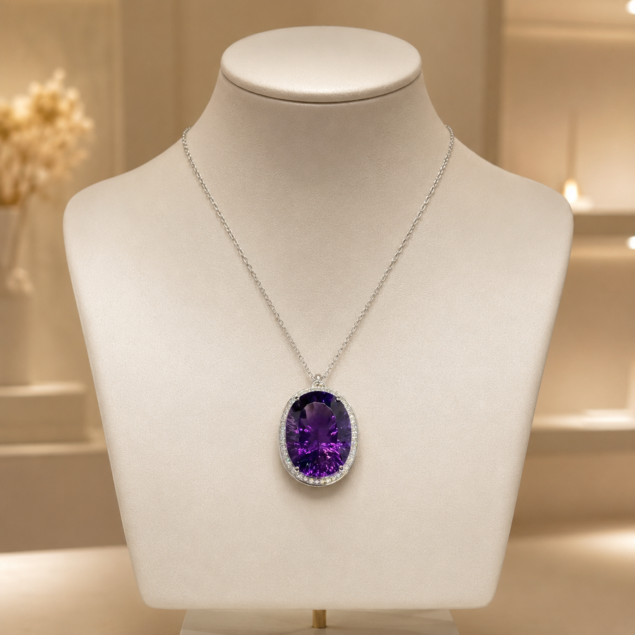 Natural Amethyst Statement Pendant in 925 Sterling Silver, 15×20mm Oval Gemstone