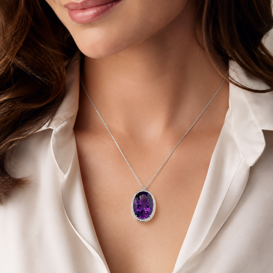 Natural Amethyst Statement Pendant in 925 Sterling Silver, 15×20mm Oval Gemstone