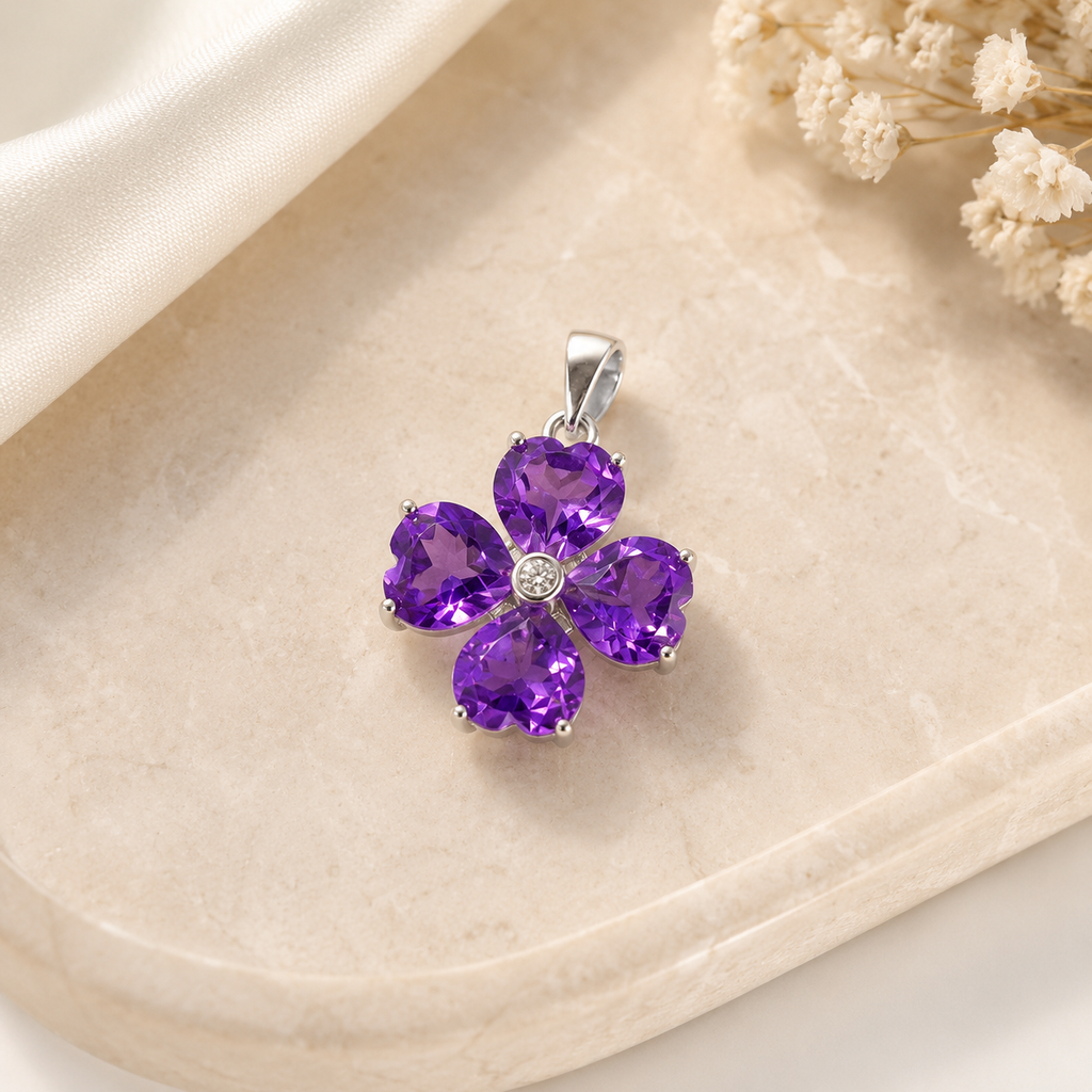 Natural Amethyst Four-Leaf Clover Pendant in 925 Sterling Silver, 6mm Gemstones