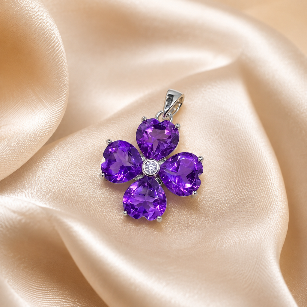 Natural Amethyst Four-Leaf Clover Pendant in 925 Sterling Silver, 6mm Gemstones