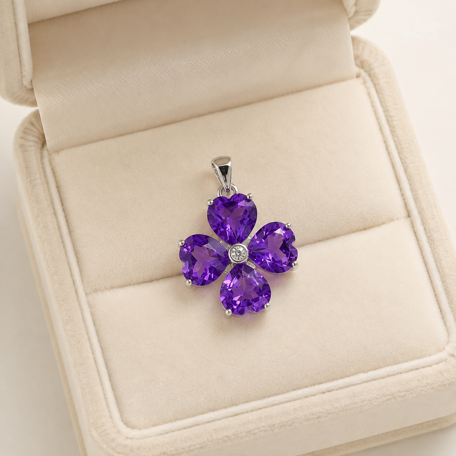 Natural Amethyst Four-Leaf Clover Pendant in 925 Sterling Silver, 6mm Gemstones