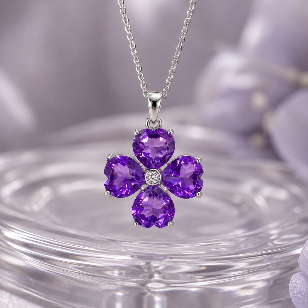 Natural Amethyst Four-Leaf Clover Pendant in 925 Sterling Silver, 6mm Gemstones