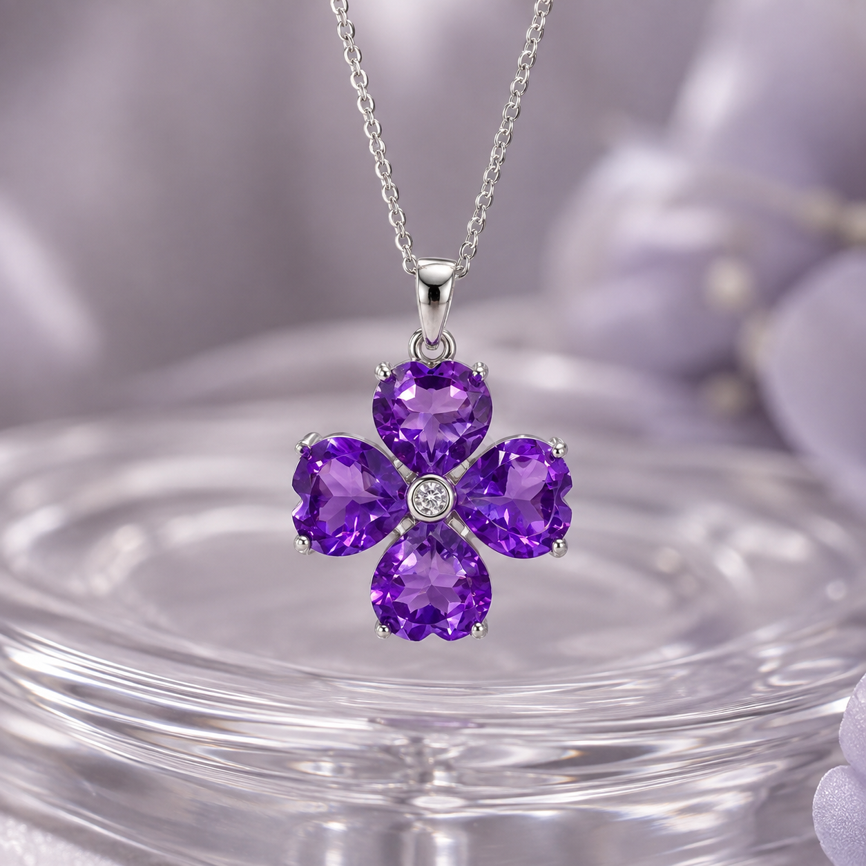Natural Amethyst Four-Leaf Clover Pendant in 925 Sterling Silver, 6mm Gemstones
