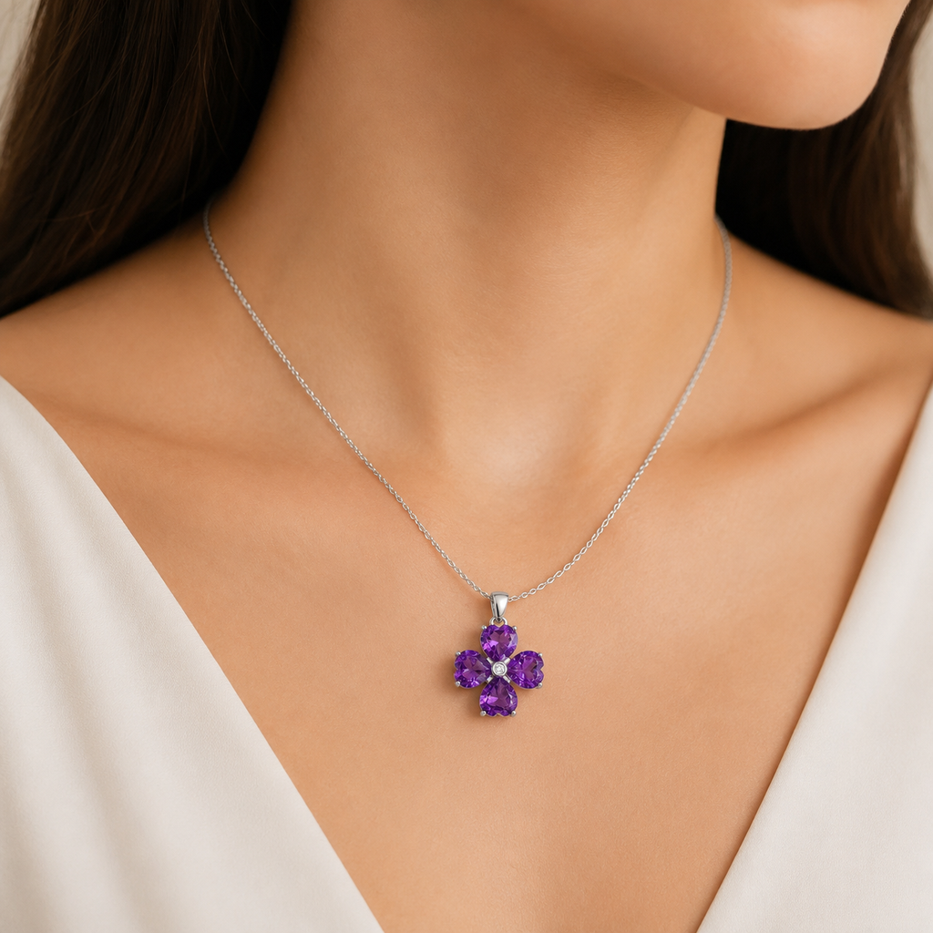 Natural Amethyst Four-Leaf Clover Pendant in 925 Sterling Silver, 6mm Gemstones