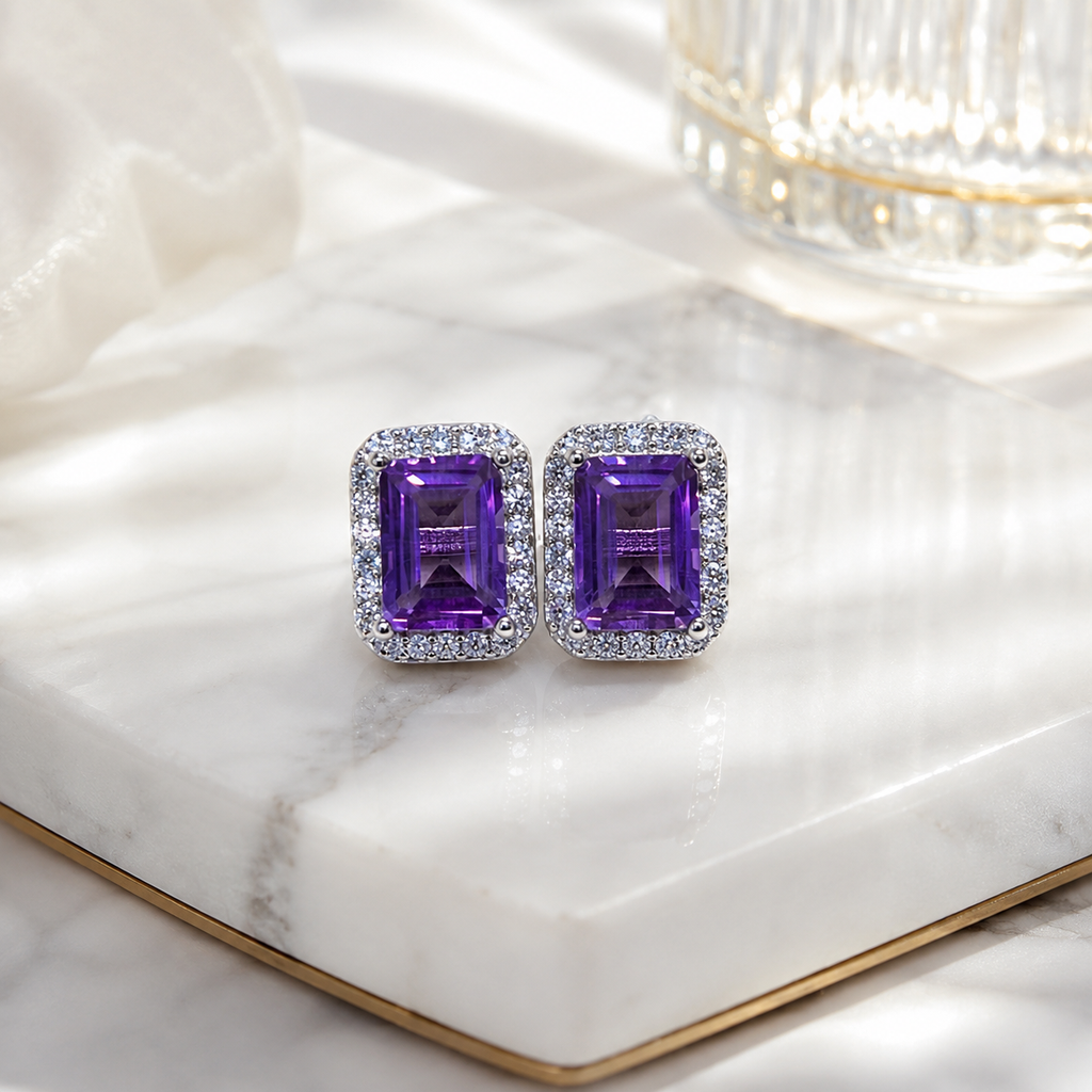 Natural Amethyst Halo Stud Earrings in 925 Sterling Silver, 5×7mm Gemstones