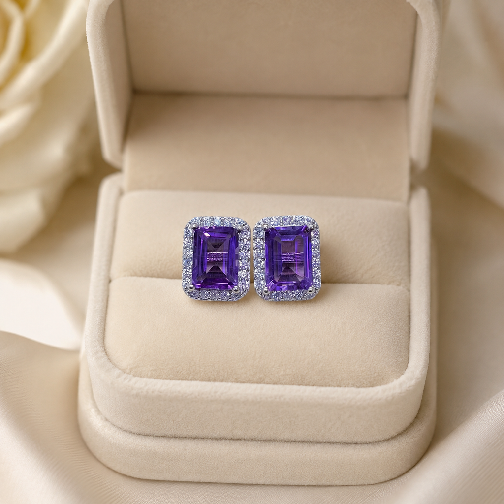Natural Amethyst Halo Stud Earrings in 925 Sterling Silver, 5×7mm Gemstones