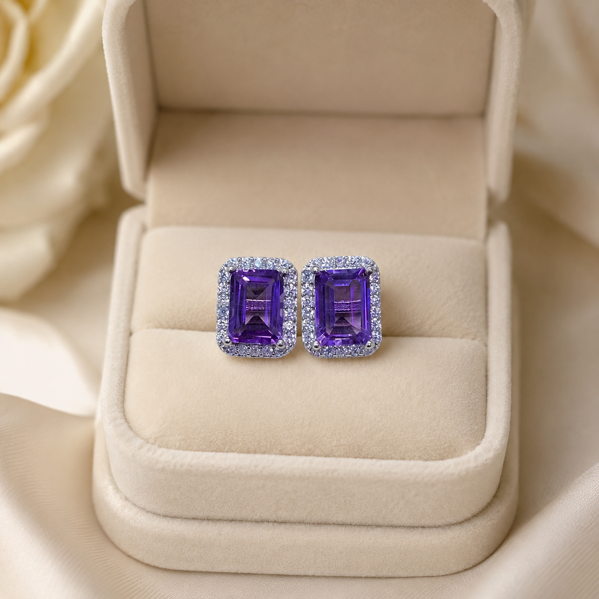 Natural Amethyst Halo Stud Earrings in 925 Sterling Silver, 5×7mm Gemstones