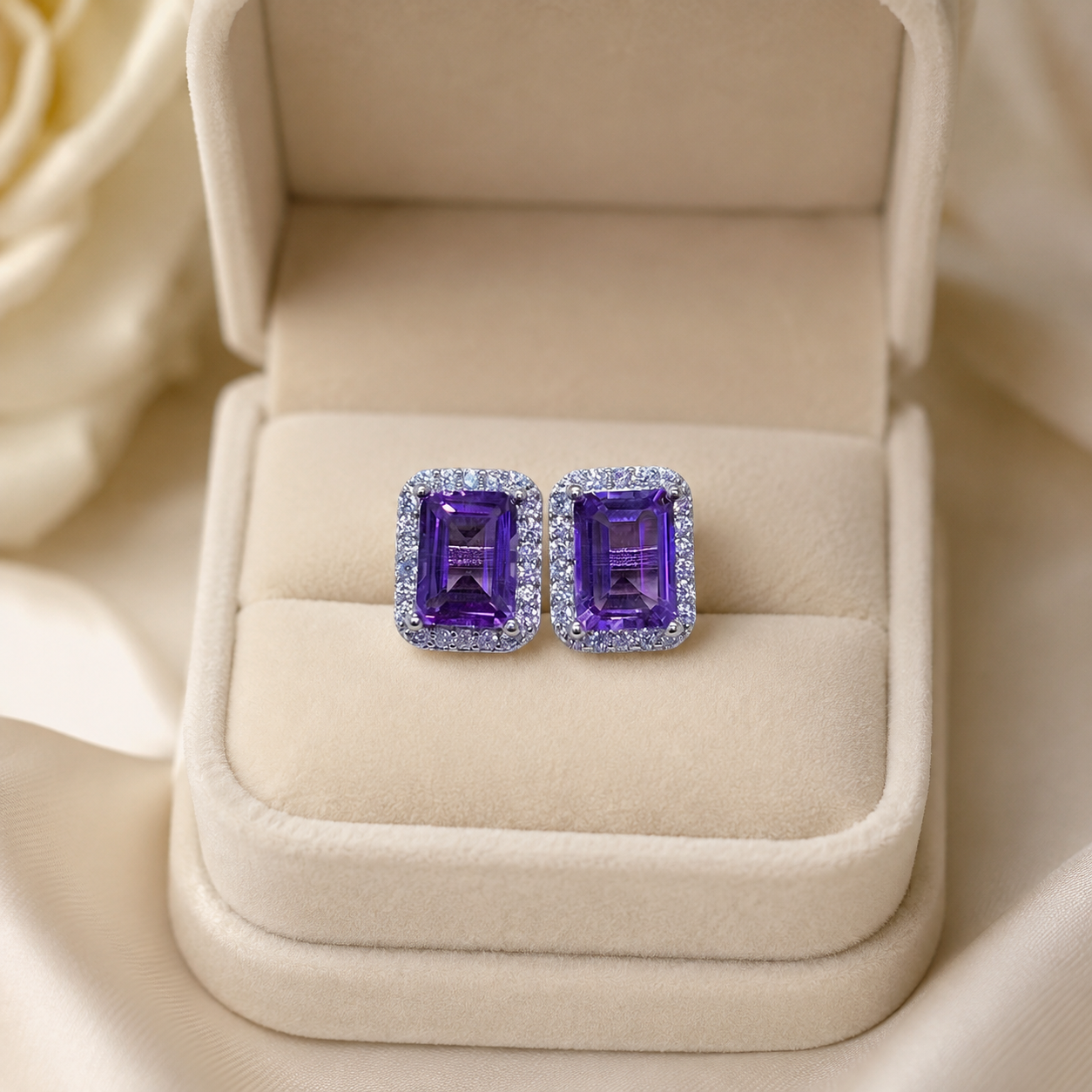 Natural Amethyst Halo Stud Earrings in 925 Sterling Silver, 5×7mm Gemstones
