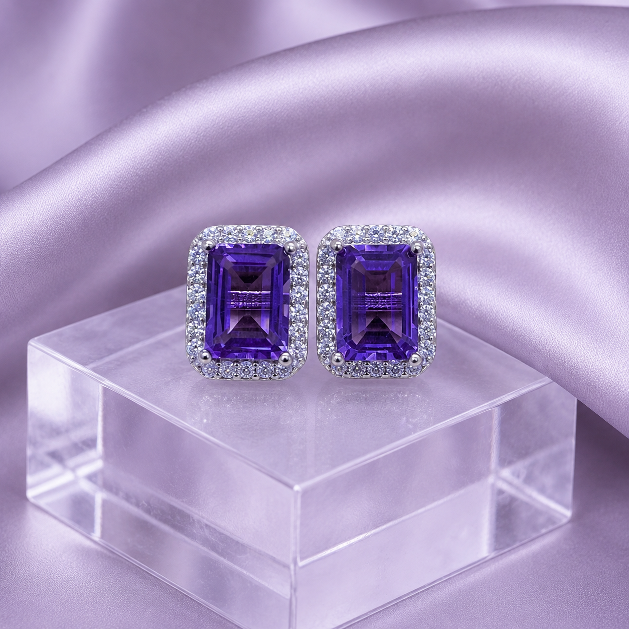 Natural Amethyst Halo Stud Earrings in 925 Sterling Silver, 5×7mm Gemstones