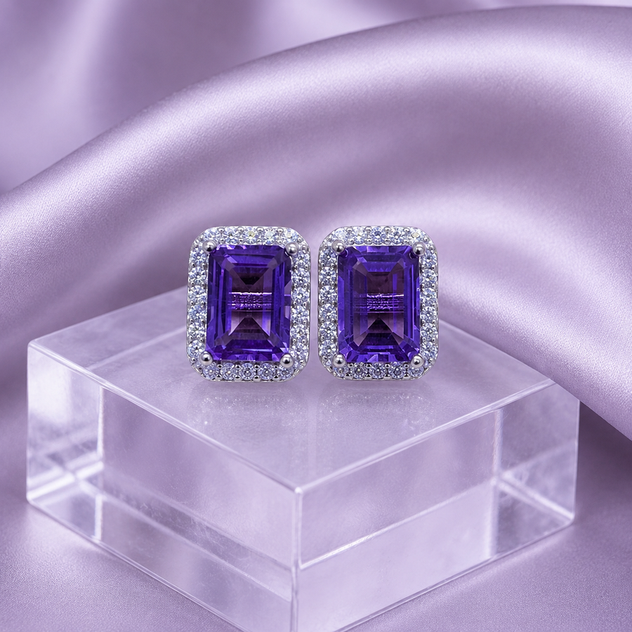 Natural Amethyst Halo Stud Earrings in 925 Sterling Silver, 5×7mm Gemstones
