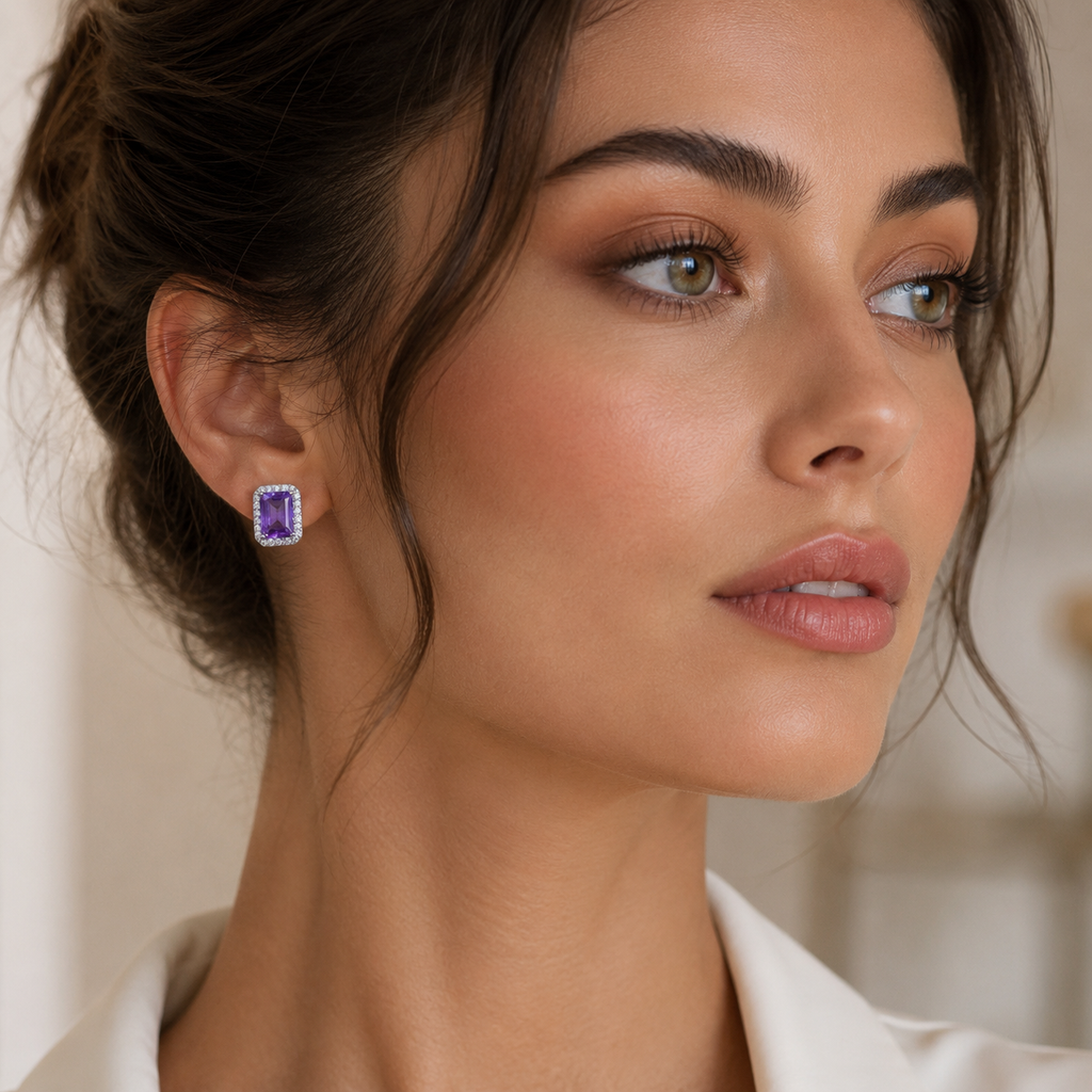 Natural Amethyst Halo Stud Earrings in 925 Sterling Silver, 5×7mm Gemstones