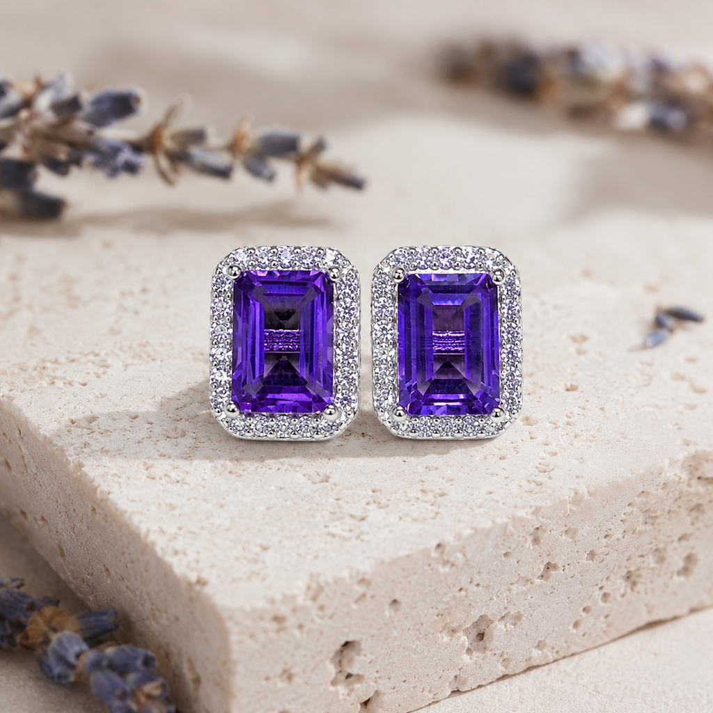 Natural Amethyst Halo Stud Earrings in 925 Sterling Silver, 5×7mm Gemstones