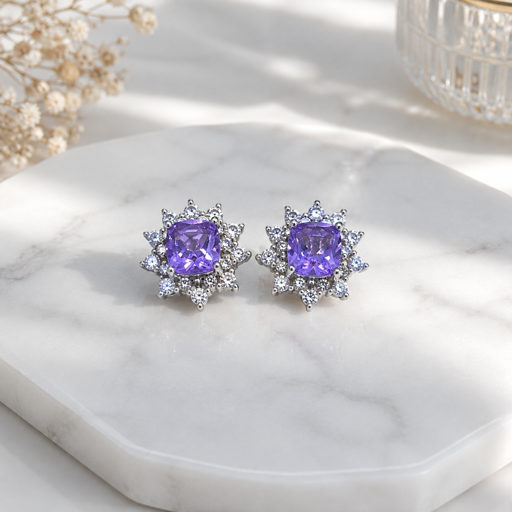 Natural Amethyst Floral Halo Stud Earrings in 925 Sterling Silver, 5mm Gemstones