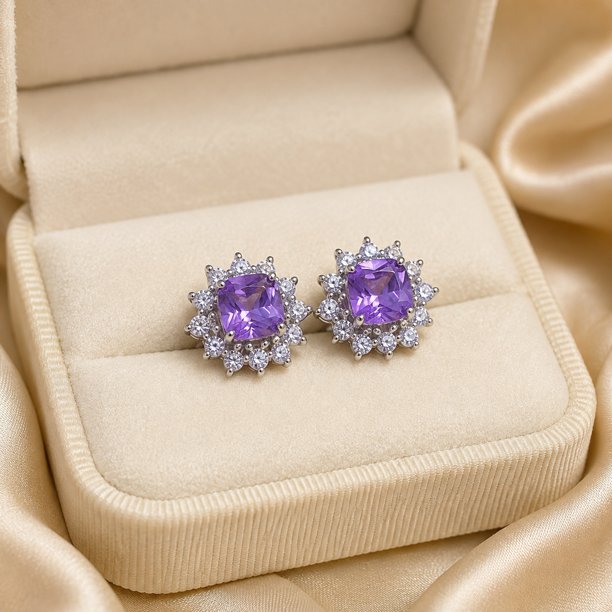 Natural Amethyst Floral Halo Stud Earrings in 925 Sterling Silver, 5mm Gemstones