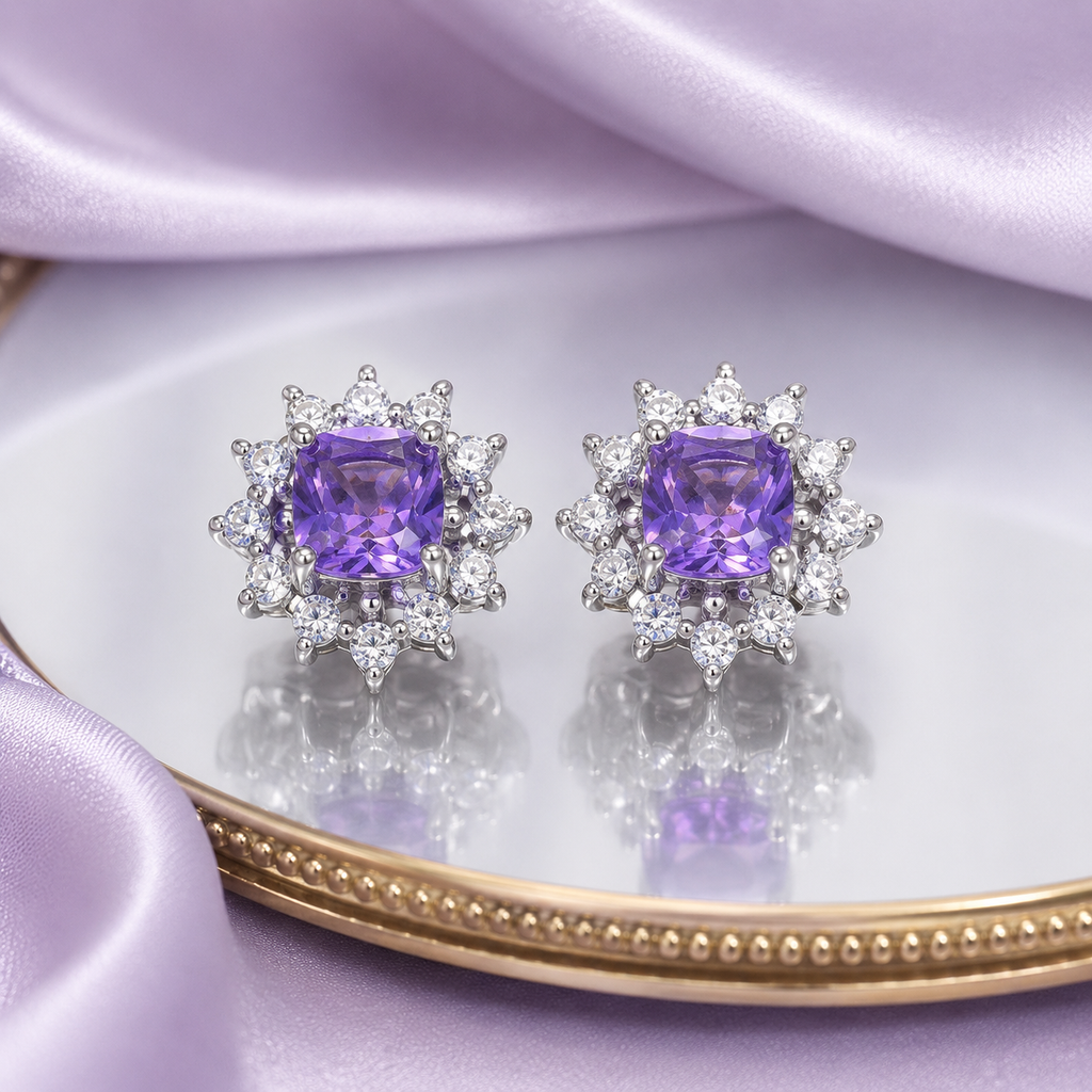 Natural Amethyst Floral Halo Stud Earrings in 925 Sterling Silver, 5mm Gemstones