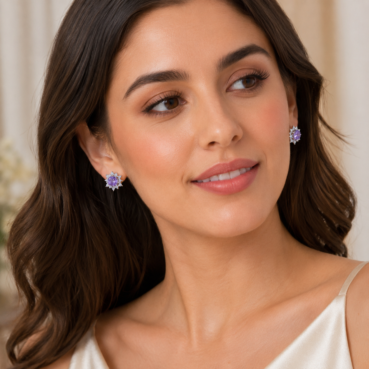 Natural Amethyst Floral Halo Stud Earrings in 925 Sterling Silver, 5mm Gemstones