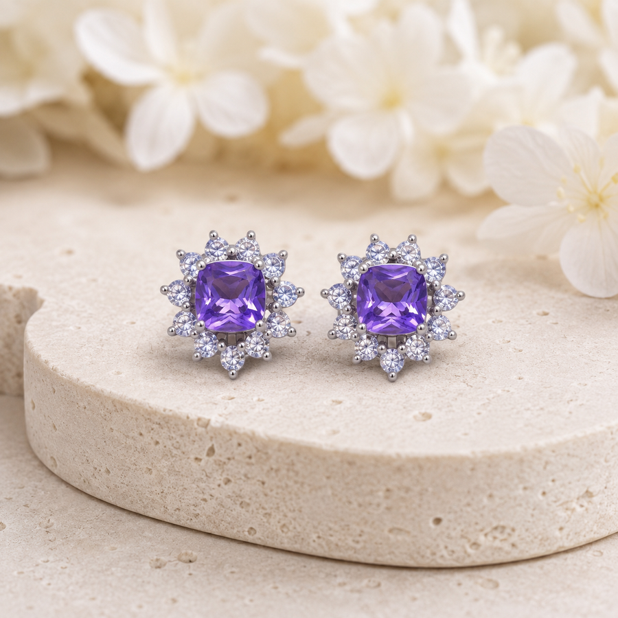 Natural Amethyst Floral Halo Stud Earrings in 925 Sterling Silver, 5mm Gemstones
