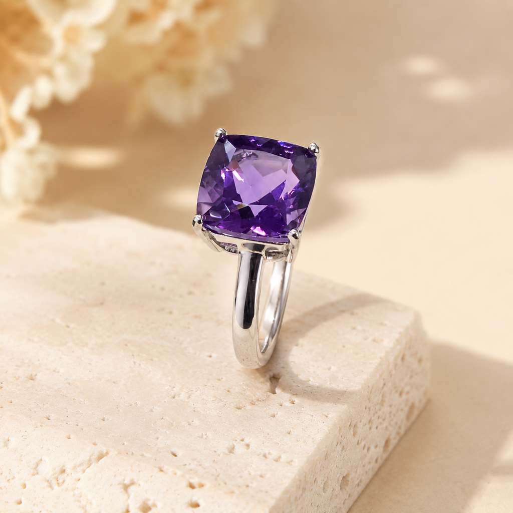 Natural Amethyst Cushion-Cut Solitaire Ring in 925 Sterling Silver, 9mm Gemstone