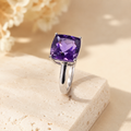 Natural Amethyst Cushion-Cut Solitaire Ring in 925 Sterling Silver, 9mm Gemstone