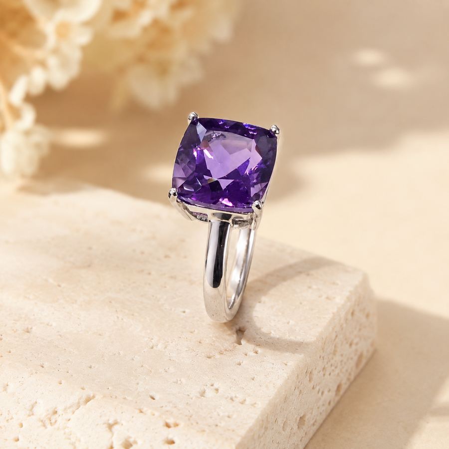 Natural Amethyst Cushion-Cut Solitaire Ring in 925 Sterling Silver, 9mm Gemstone