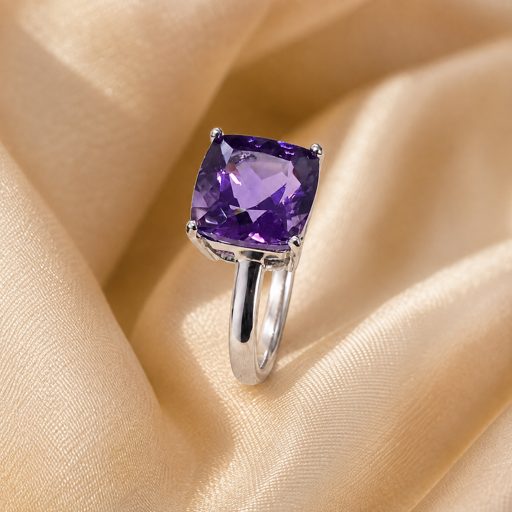 Natural Amethyst Cushion-Cut Solitaire Ring in 925 Sterling Silver, 9mm Gemstone