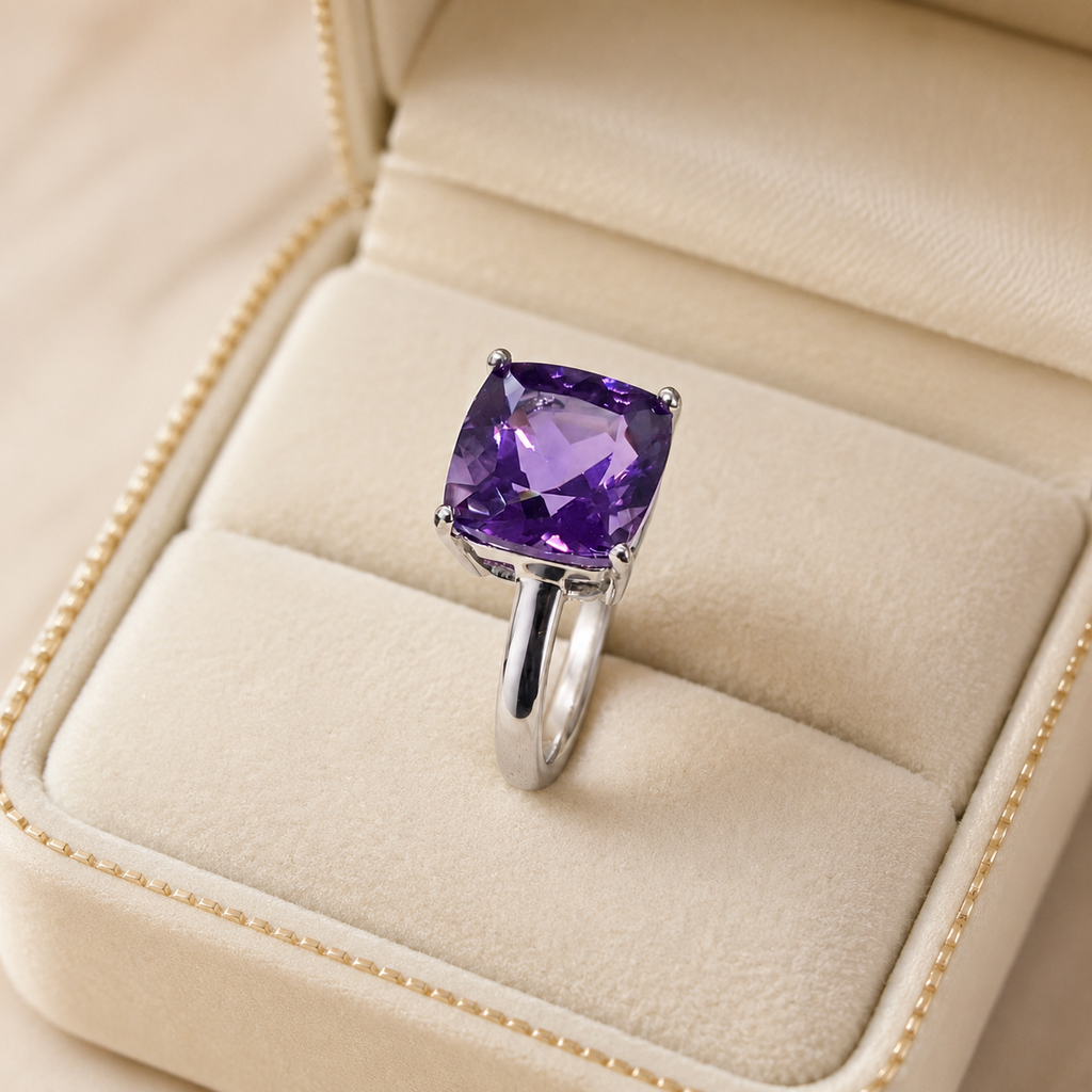Natural Amethyst Cushion-Cut Solitaire Ring in 925 Sterling Silver, 9mm Gemstone