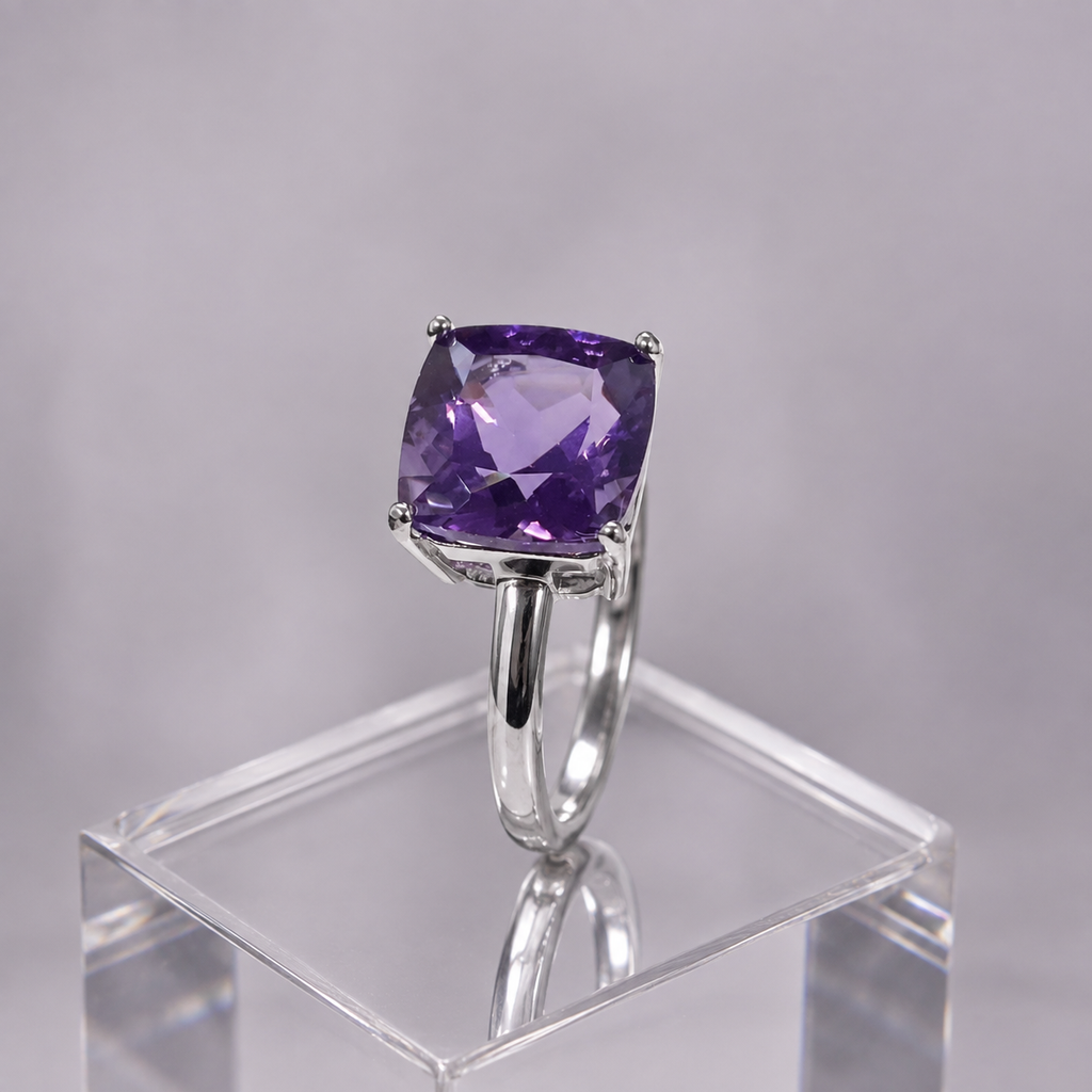 Natural Amethyst Cushion-Cut Solitaire Ring in 925 Sterling Silver, 9mm Gemstone