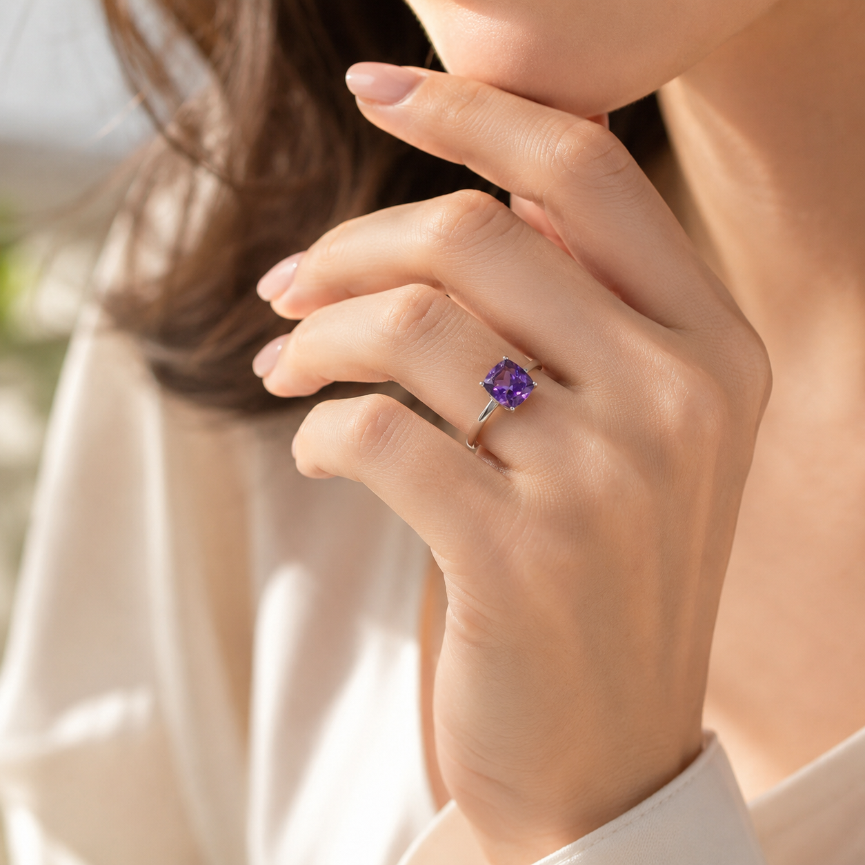 Natural Amethyst Cushion-Cut Solitaire Ring in 925 Sterling Silver, 9mm Gemstone