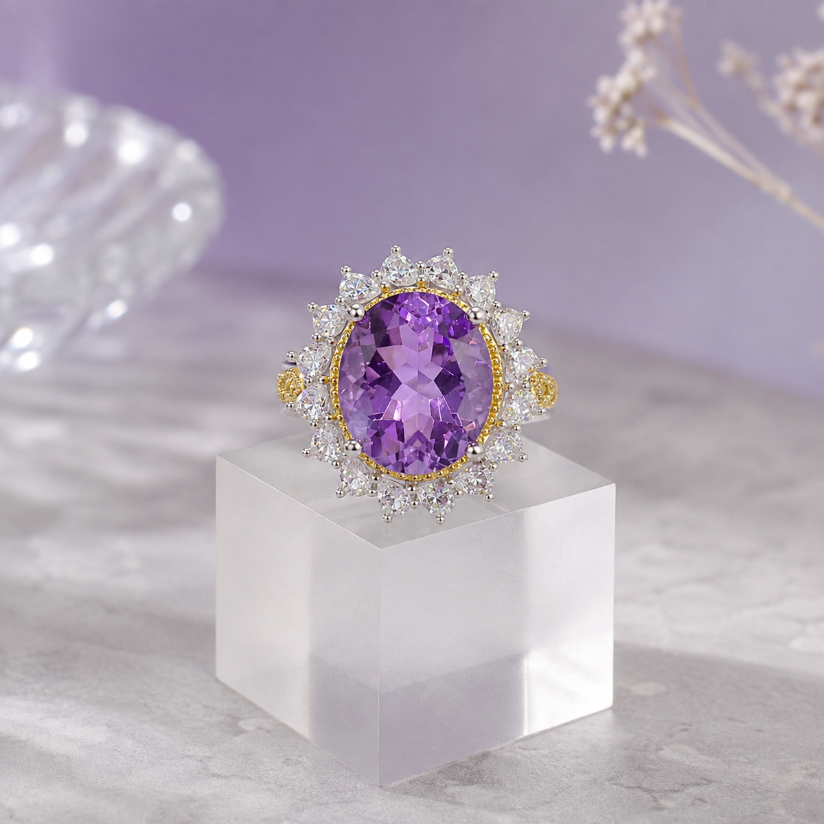 Natural Amethyst Vintage Halo Ring in 925 Sterling Silver, 10×12mm Oval Gemstone