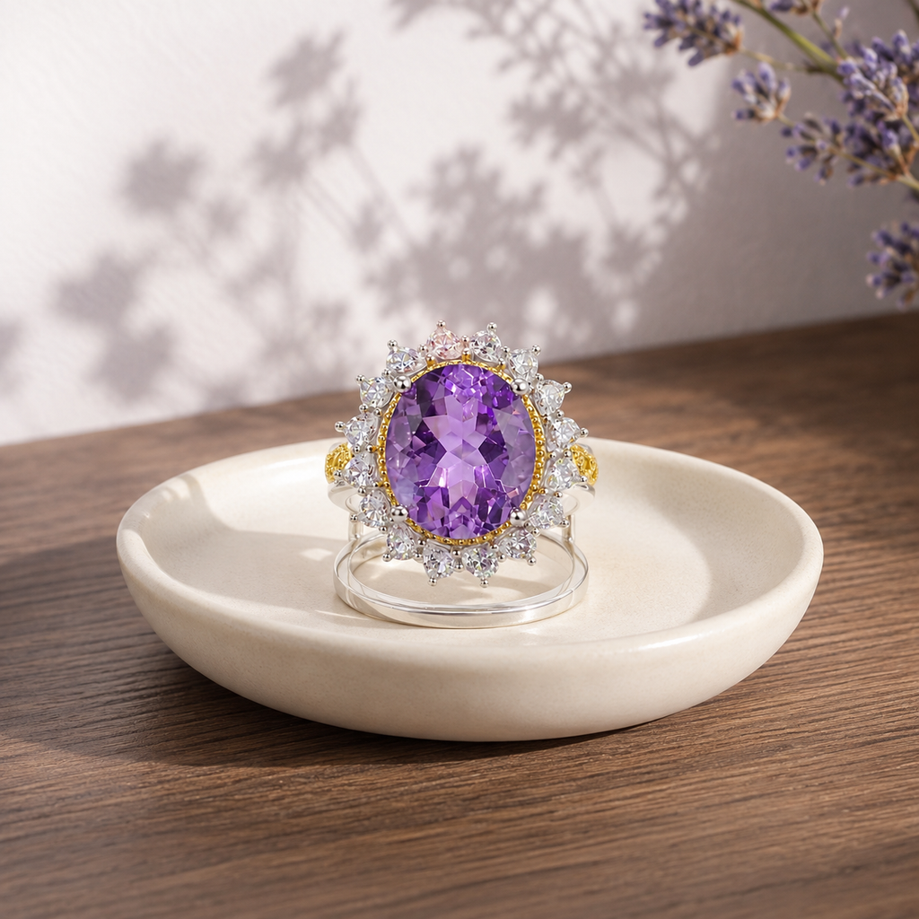 Natural Amethyst Vintage Halo Ring in 925 Sterling Silver, 10×12mm Oval Gemstone