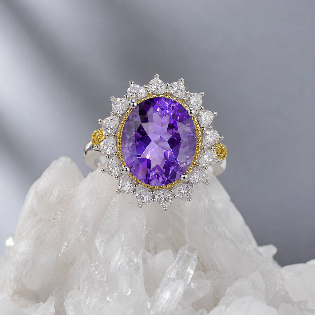 Natural Amethyst Vintage Halo Ring in 925 Sterling Silver, 10×12mm Oval Gemstone